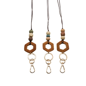 Handmade silicone bead lanyards with woven rattan rings and wood beads for IDs