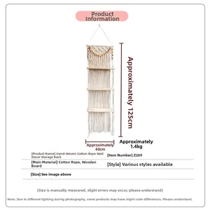 Detail view of 3-tier woven cotton rope wall shelf with dimensions 125x40cm