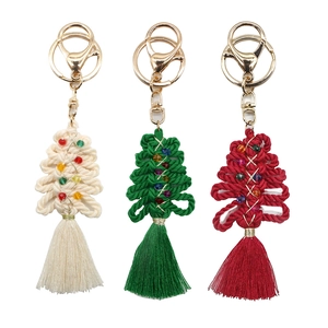 Handmade woven macrame Christmas tree keychains set in red green and white colors
