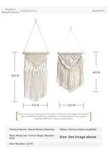 Detailed view of woven macrame wall hanging dimensions and textures in boho style