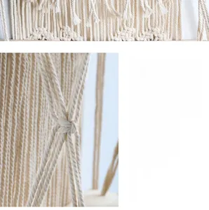 Detail of hand-woven beige cotton rope knots for three-tier macrame wall hanging shelf