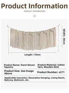 Detail view of handmade bohemian wall hanging tapestry with 110x40cm dimension specs