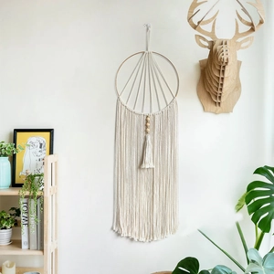 Bohemian Macrame Wall Hanging Hand Woven Cotton Rope Tapestry With Wooden Beads Golden Metal Rings Long Tassel Home Decor