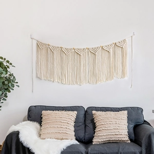 Bohemian Macrame Wall Hanging Large Handwoven Cotton Tassel Tapestry Boho Wall Decor With Wood Beads For Bedroom Living Room