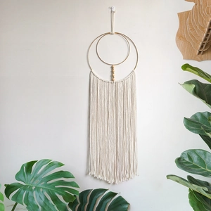 Bohemian handmade cotton dream catcher wall hanging with golden rings and wooden beads