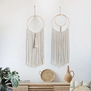 Handmade bohemian cotton dreamcatcher wall hanging with metal rings and wooden beads