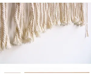 Detailed macro view of bohemian hand-woven cotton ropes and fringe tassels decoration