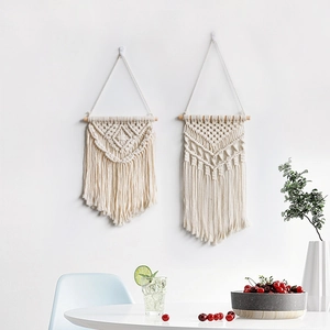 Bohemian Hand Woven Macrame Wall Hanging Cotton Rope Tassel Geometric Wall Art Decor With Wood Rod For Bedroom Living Room