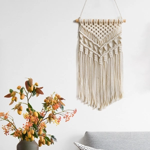 Handmade Bohemian wall hanging tapestry with cotton rope tassels and wooden rod decor