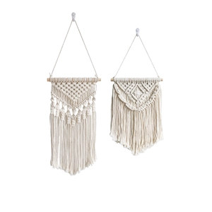 Set of 2 bohemian handmade macrame wall hangings with cotton rope tassels on wooden rods