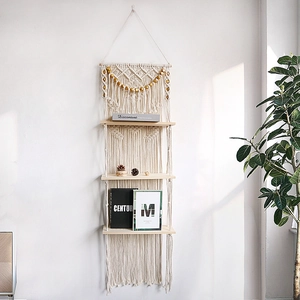 Tiered Macrame Wall Hanging Shelf Handmade Cotton Rope Woven Tapestry Floating Wood Shelves Bohemian Home Decor Storage