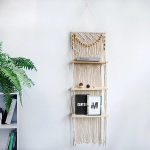 Bohemian 3-tier handmade woven macrame wall hanging shelf with wooden boards and beads