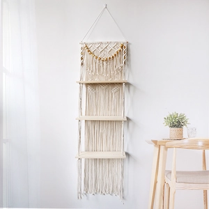 Bohemian three-tier woven wall shelf with natural cotton rope and solid wood panels