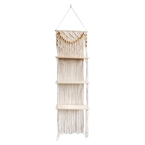 Bohemian 3-tier wall hanging shelf with handmade macrame cotton rope and wooden boards