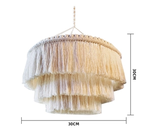 Detail view of 30x30cm boho cotton lampshade with triple-layer handwoven tassels