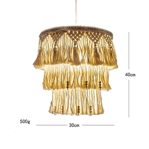 Detail view of a 30x40cm hand-woven bohemian cotton macrame lampshade with wooden beads