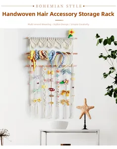 Detail of bohemian handmade cotton rope hair accessory organizer with wooden rods