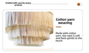 Detail of multi-tier boho macrame lampshade with soft hand-woven cream cotton fringe
