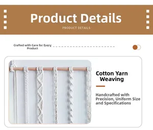 Detail of handcrafted bohemian cotton rope weave texture on a natural wooden dowel