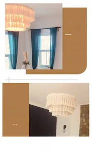 Detail of bohemian hand-woven macrame lampshade with layered fringes for home decor