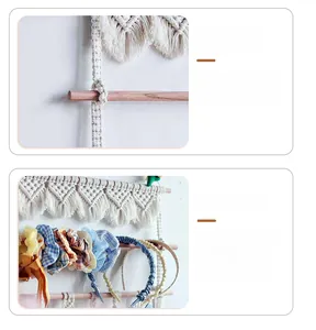 Detail of bohemian handmade cotton fringe and wooden rod for wall hanging storage