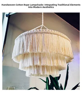 Detailed close-up of handmade woven macramé lampshade with layered fringe detail