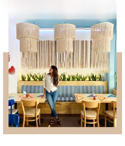 Three-tier bohemian hand-woven macrame lampshade with elegant cream tassels for home decor