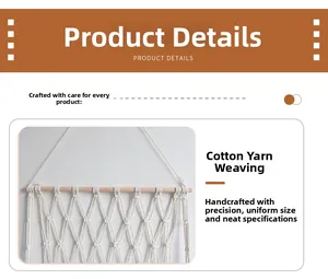 Detailed view of bohemian hand-woven cotton rope mesh with a natural wooden stick support
