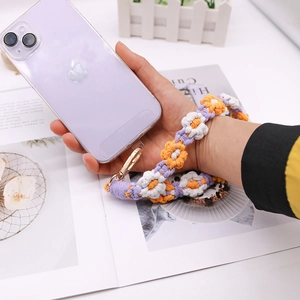 Handmade woven flower wrist strap with gold clasp for smartphones and bag charms