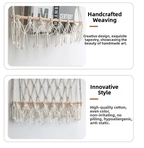 Macro detail of hand-woven cotton macrame wall hanging with fringed tassel design