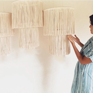 Handwoven bohemian macrame lampshade with layered cotton fringe for Nordic home decor