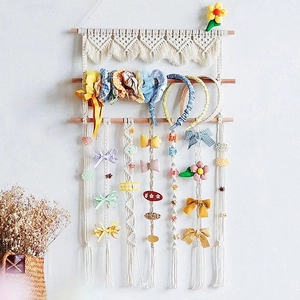 Bohemian Hand Woven Cotton Macrame Hair Bow Holder Wall Hanging Hair Accessory Storage Rack With Wood Bars For Girls Room