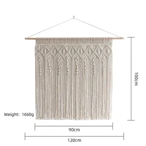 Handwoven bohemian wall tapestry with cotton fringe and wooden rod for home decor