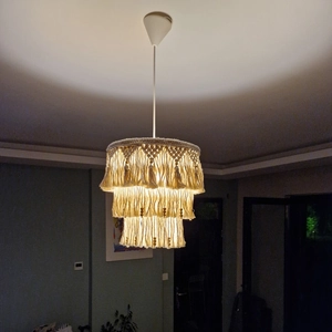 Bohemian hand-woven tassel pendant lampshade with three-layer structure and wood beads
