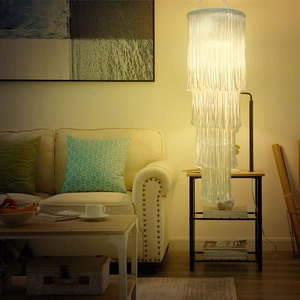 Handwoven Bohemian tassel lampshade in white cotton rope for elegant pendant light decor