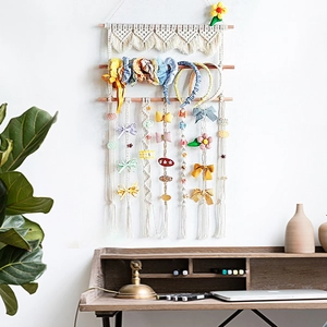 Handmade Macrame cotton wall hanging organizer for hair clips and bohemian room decor