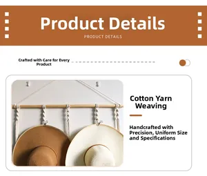 Detail of hand-woven cotton macrame hat holder showing texture and wood rod attachment
