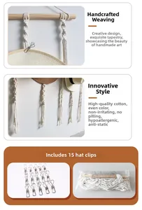 Detail of macrame hat organizer with 100% cotton rope and 15 stainless steel clips