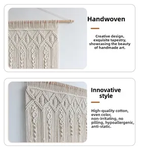Detail of handmade cotton macrame wall hanging showing geometric weave and long tassels