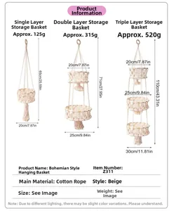 Size comparison of tiered macrame fruit baskets with hand-woven cotton rope and fringe