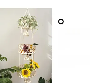 Three-tier boho cotton rope woven hanging fruit basket with elegant tassels for home storage