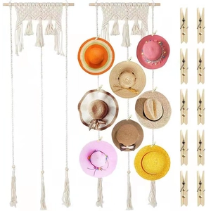 Bohemian macrame hat organizer with wooden rod and clips for wall hanging storage