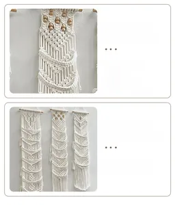 Dettaglio dell'organizzatore per cappelli macramè con corda di cotone e perline di legno