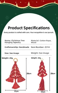 Detail view of handmade red cotton rope Christmas tree tapestry with wooden star ornament