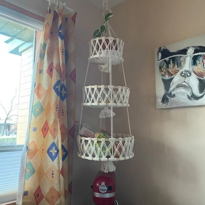 Three-tier handmade bohemian cotton rope hanging fruit basket with wooden ring hook