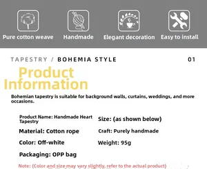 Detailed specs for handmade boho cream cotton rope heart tapestry with tassel wall decor
