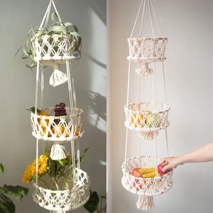 Bohemian Hand Woven Cotton Macrame Hanging Fruit Basket Wall Tapestry For Kitchen Vegetable Storage Decor With Tassels