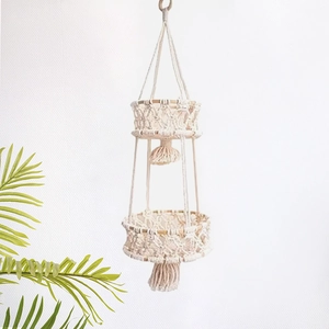 Bohemian double-tier cotton rope hanging basket with tassels and wooden rings for fruits