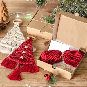 Handmade Macrame Christmas Tree Ornament Kit with red and white cotton ropes and wood beads