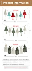 Detail of three handmade macrame Christmas tree wall hangings with cotton and wooden beads